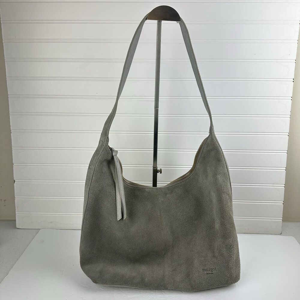 Margot New York Gabi Maxi Hobo Gray Suede Leather Shoulder Bag Top Zip Purse
